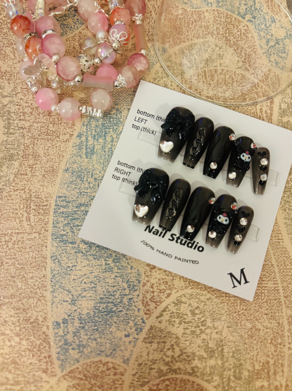 Kuromi-Inspired Black Press-On Nails – Long Coffin with 3D Charms & Rhinestones