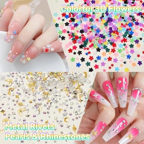 Mini Flowers Nail Charms Kit, Assorted 3D Nail Charms and Gems, Mixed S3-color