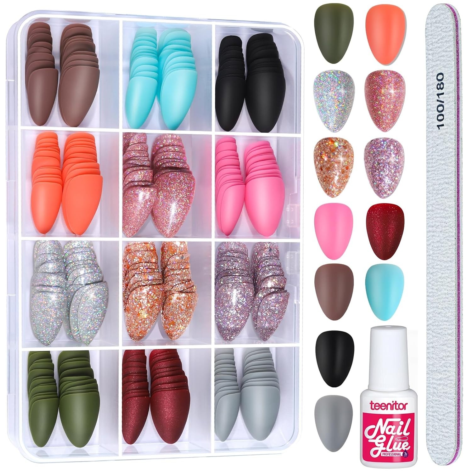 12 Sets of Short Almond Press On Nails with Glue & Nail File: 288PCS Variety