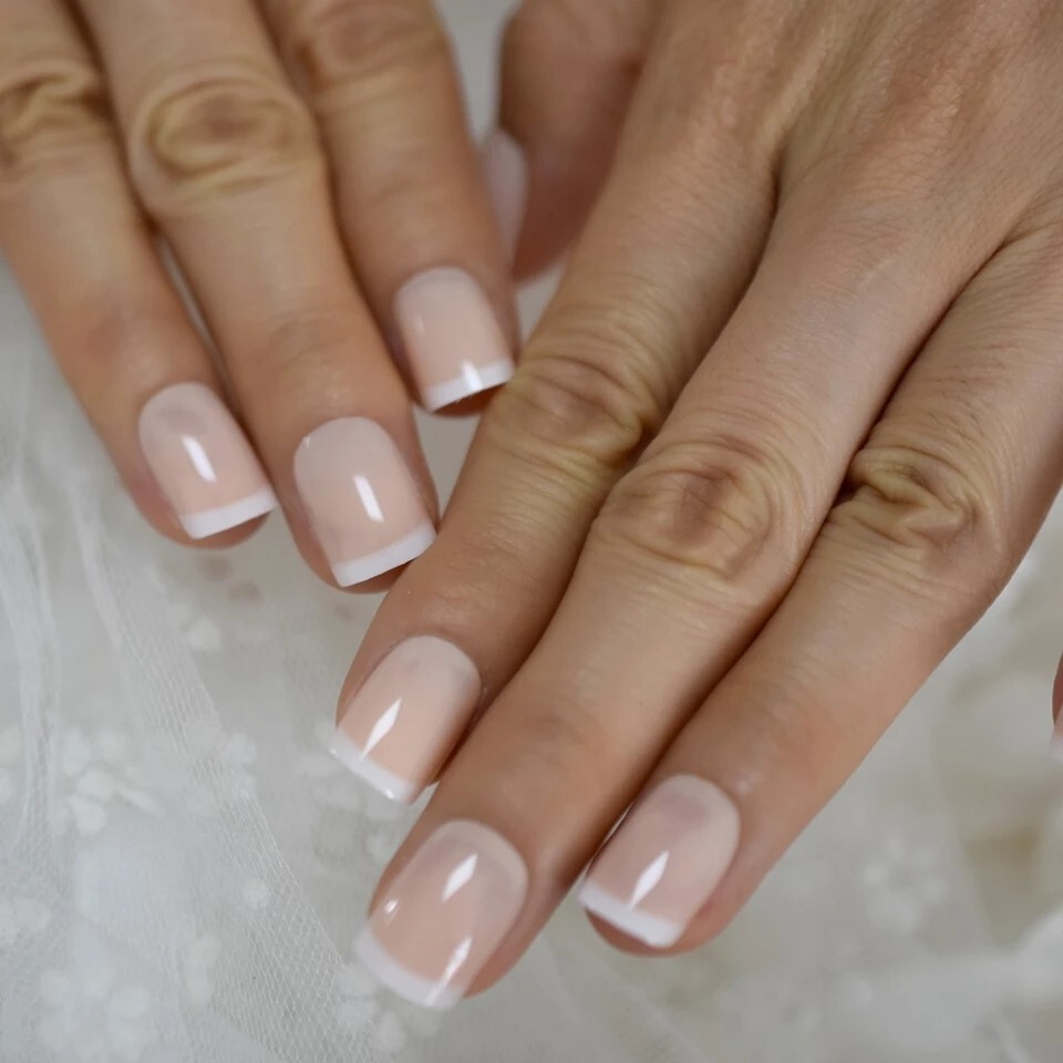 24 Short French mani White tip Press on nails set with glue fun baby boomer natu