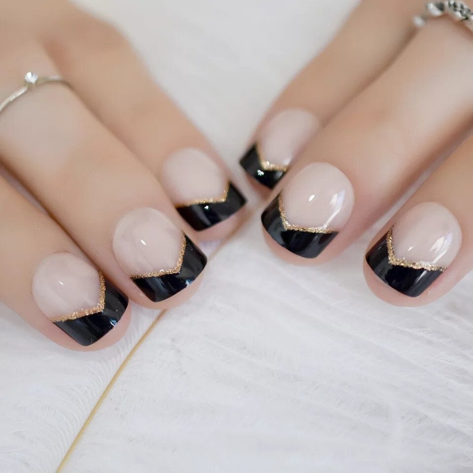 24 Short Press on nails kit w/ glue black tip french mani gold glitter line