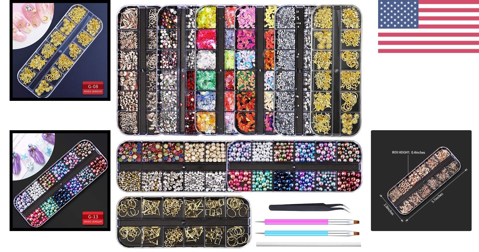 Nail Art Rhinestones Kit with 9 Boxes, Tweezers and 3 Nail Art Pens Included