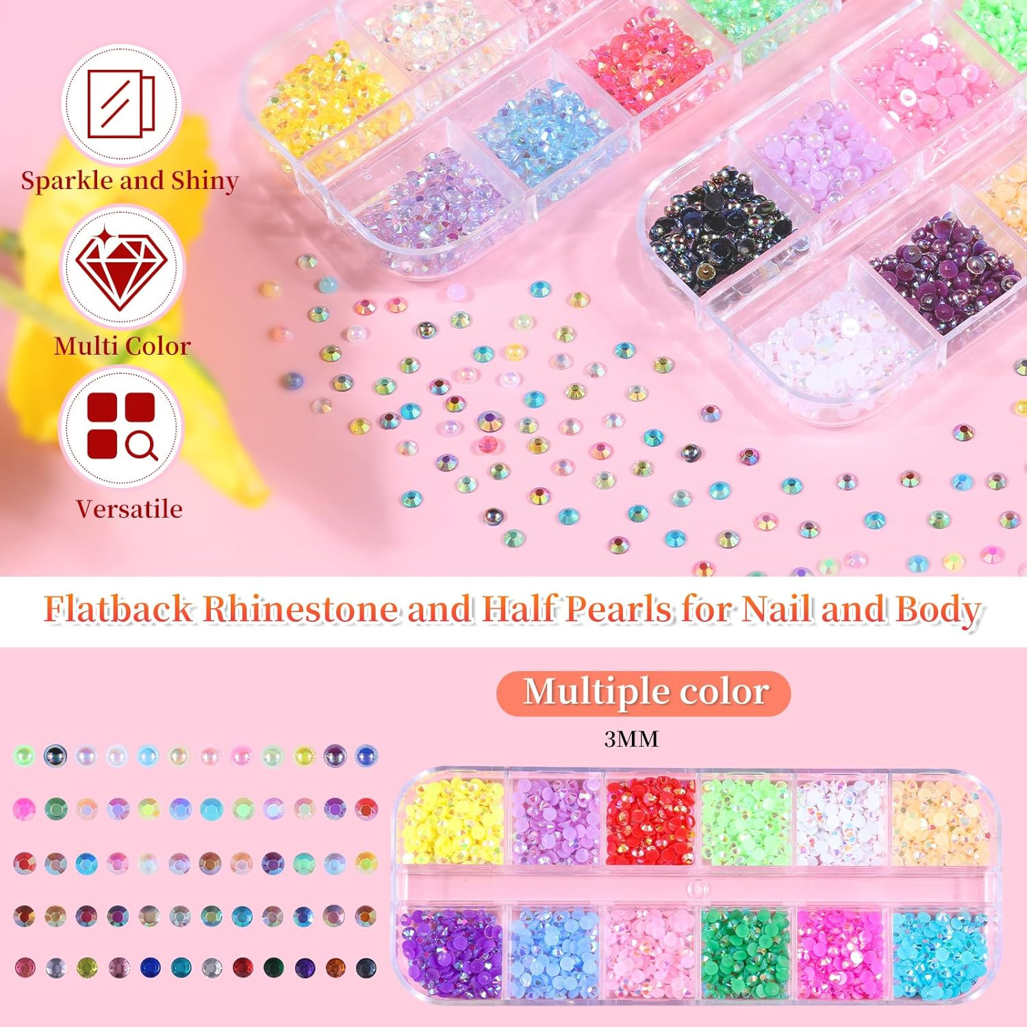 5 Boxes 7200Pcs Sparkling Crystal Nail Rhinestones Pearls Kit, Flatback Multicol
