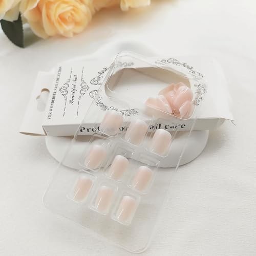 Short Press On Nails Square Nude Ombre Fake Nails for Women Girls 24Pcs