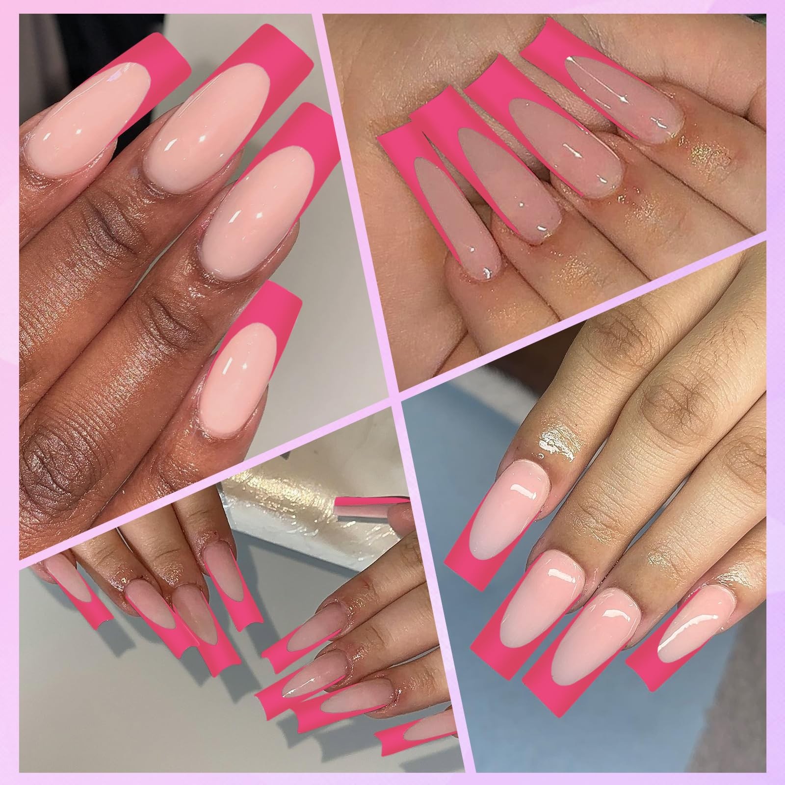 216PC Hot Pink French Tip Press on Nails Long Fake Nails Press ons with 10*Ad…
