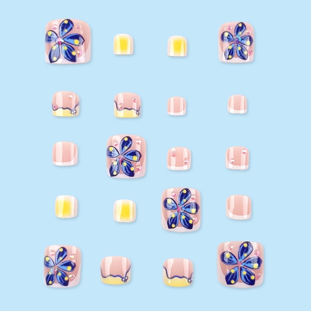 24PCS 3D Floral False Toe Nails with Diamond Accents for For french Style Blue