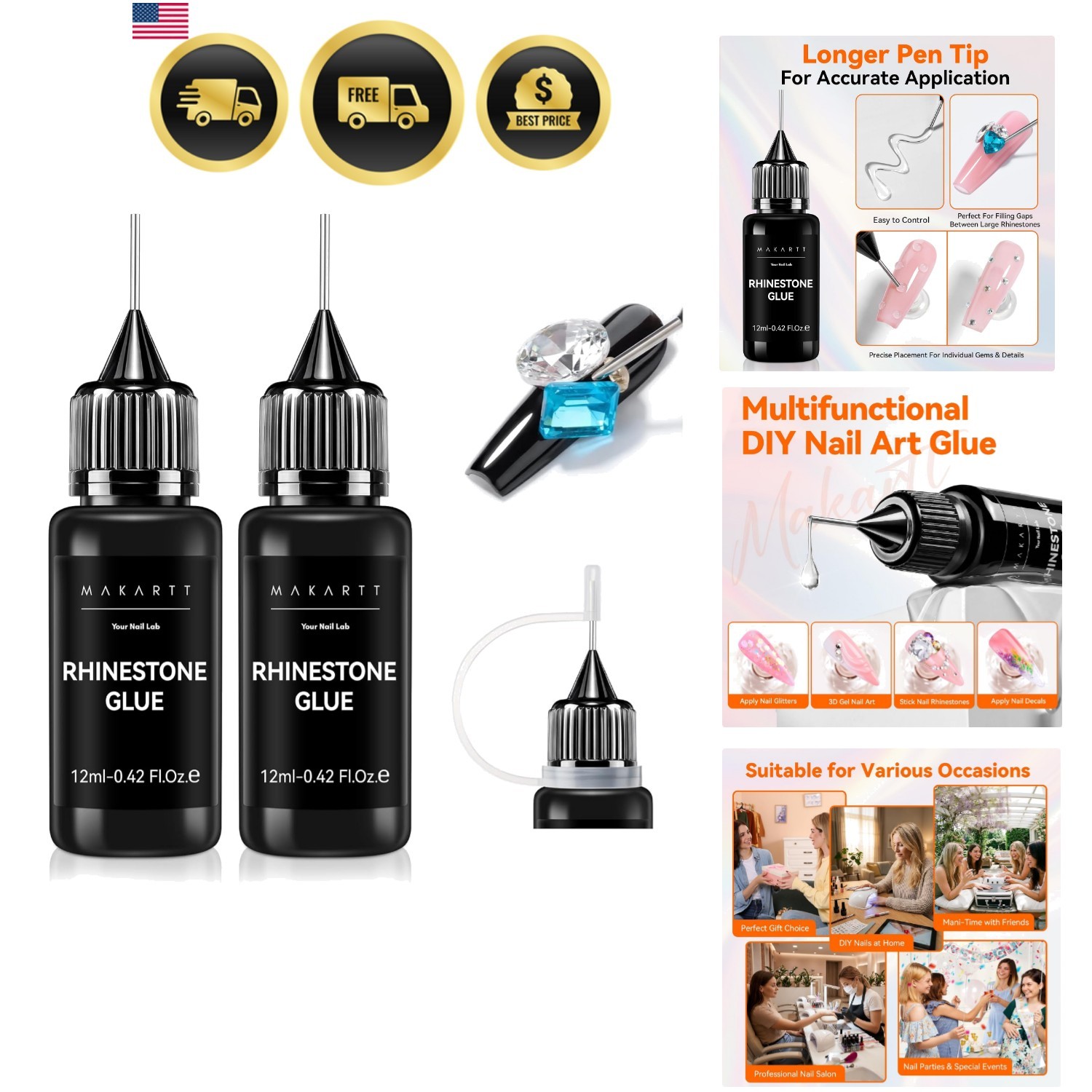 2Pcs Rhinestone Glue, Strong Hold 3D Gel Nail Art Nail Gem Glue UV Cured Nail…