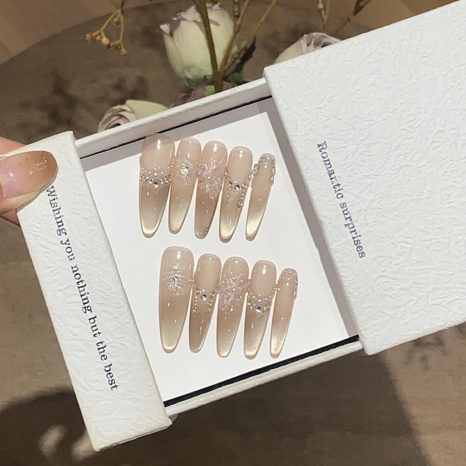 10Pcs Handmade Peach Matte Cat Eye Medium Oval French Rhinestone False Nails