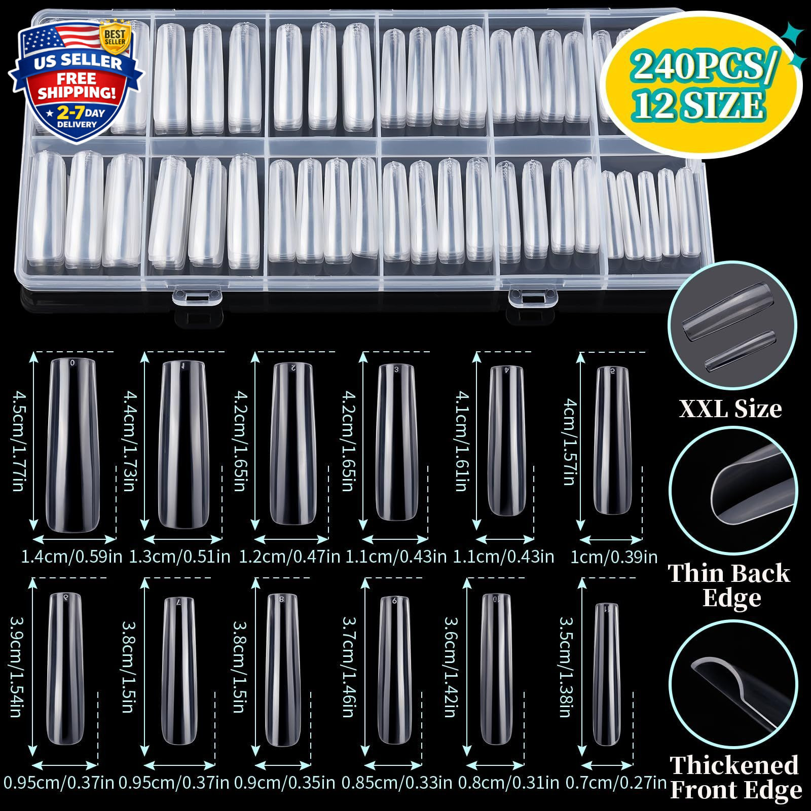 Square Nail Tips with Nail Charms Nail Art Brushes, 240pcs XXL Fake Nails wit