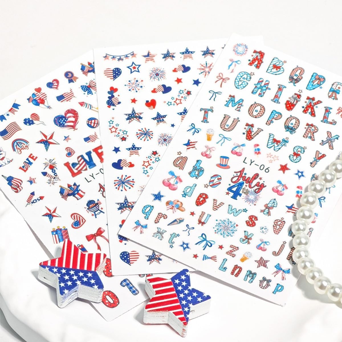 6 Sheets 4th of July 3D Nail Stickers Patriotic Flag Fireworks Nail Decals