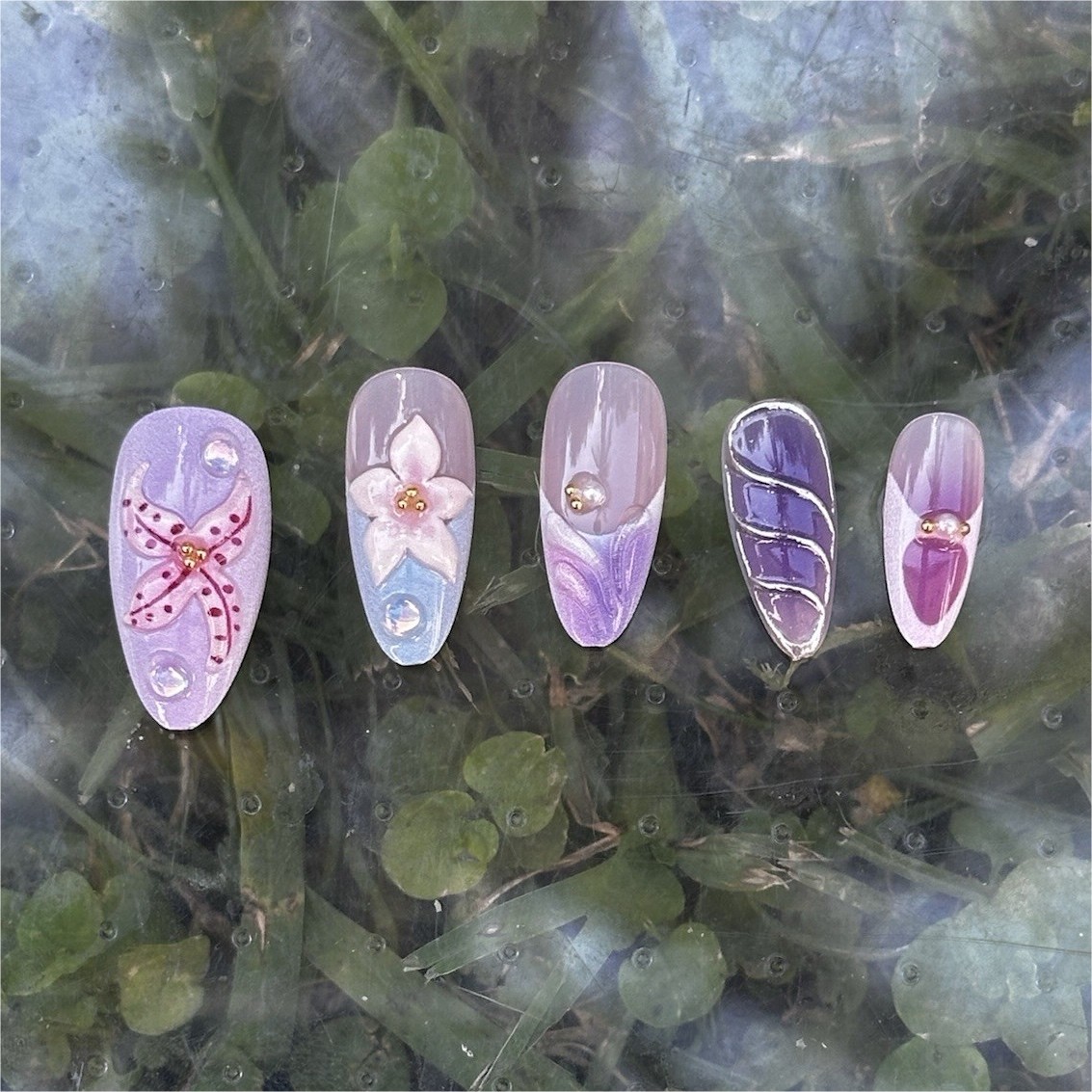 Press-On Nails Set 24PCS Purple Pink White 3D Ocean Long Almond Full Cover