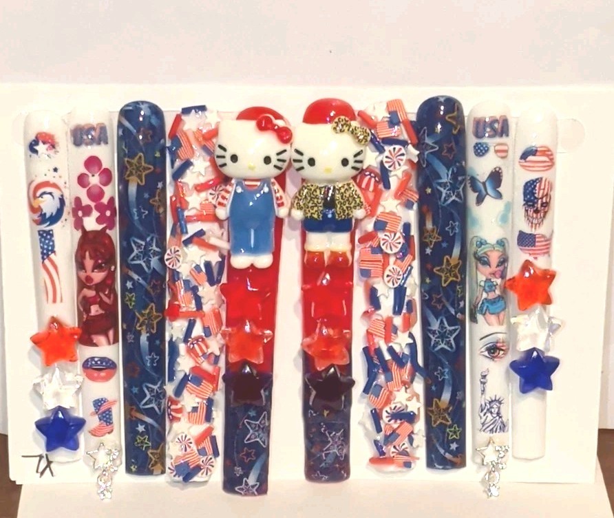 Hand Crafted Patriotic 6Xl Press-On Nails Set — Red,White & Blue Stars SZ XL