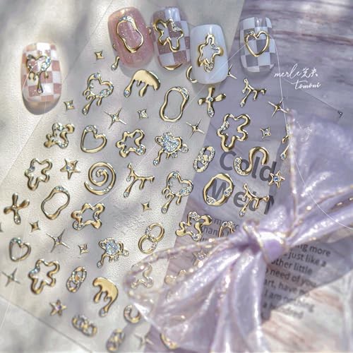 3D Nail Stickers for Nail Art, Embossed Self-Adhesive Cute Nail Irregular Gold