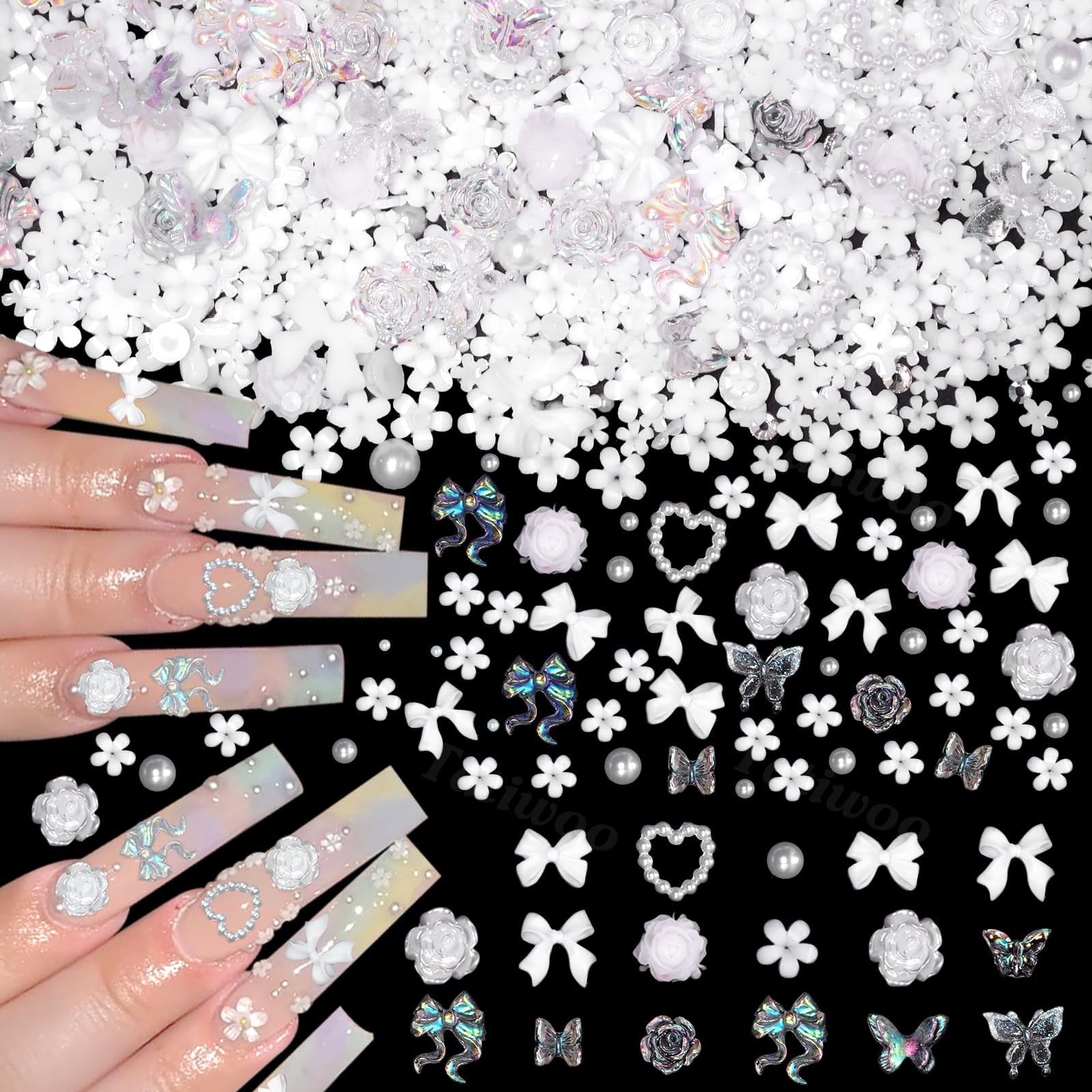 1000 Pcs White Flower Nail Charms, 3D Tiny Flowers Charms for Acrylic Nails Mixe