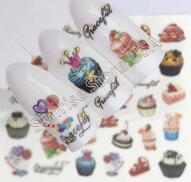 Nail Art Water Transfer Sticker Cake Cupcake Cherry Fruit Flower Decals Manicure