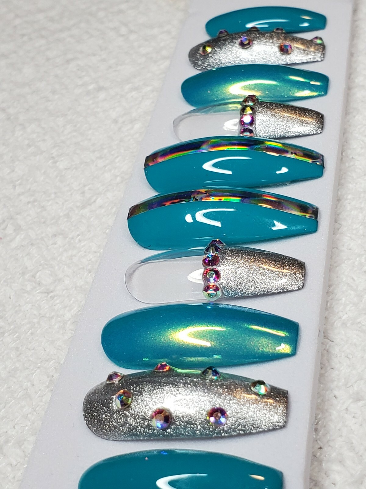 Teal & silver bling chrome holographic Press On nails long coffin turquoise blue