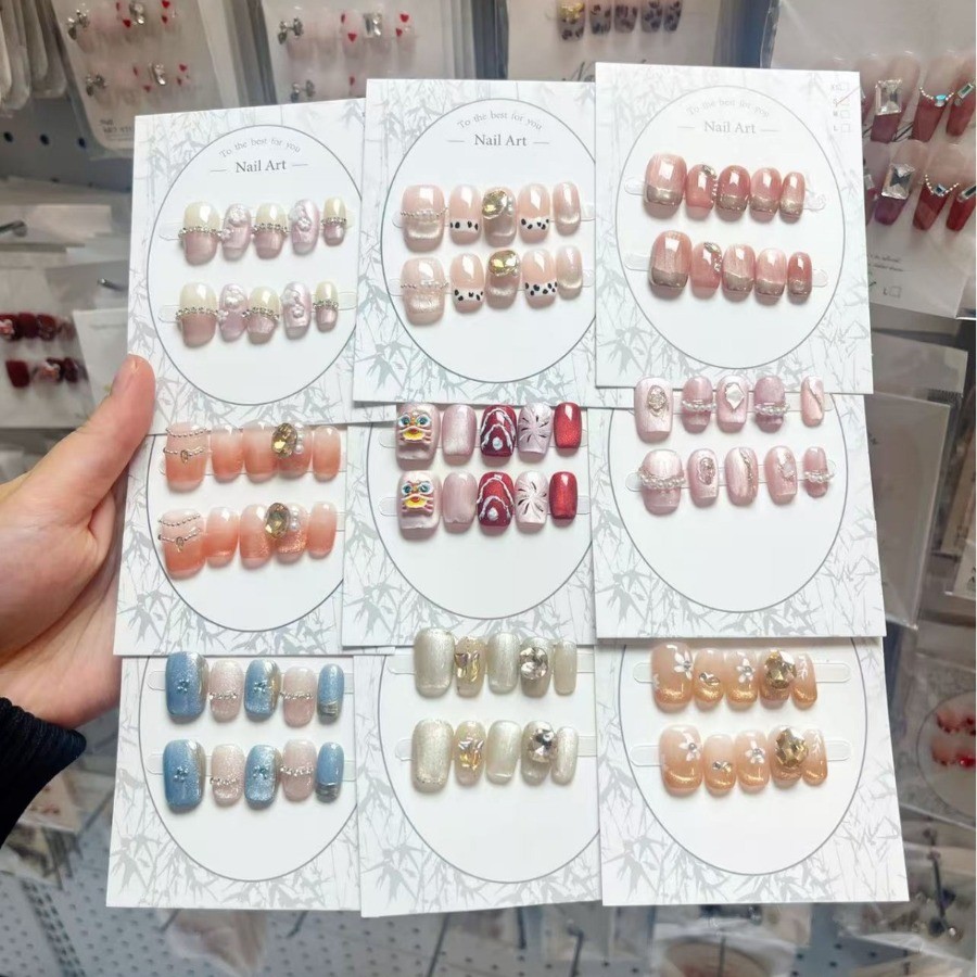 48Pcs 3D Rhinestone Pearl Press On Nails Almond Coffin Removable For Date
