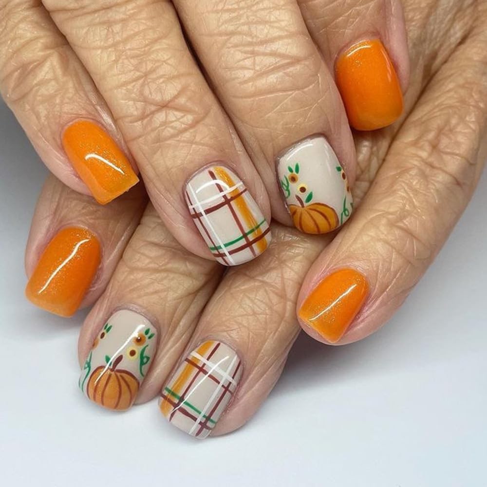 Thanksgiving Fall Press on Nails Short Square Fake Orange Style 6
