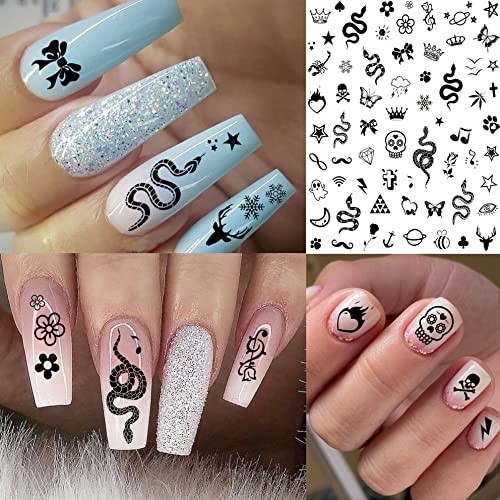 Bilizar 6 Sheets Self-Adhesive Snake Heart Moon Star Nail Art Sticker Decals,