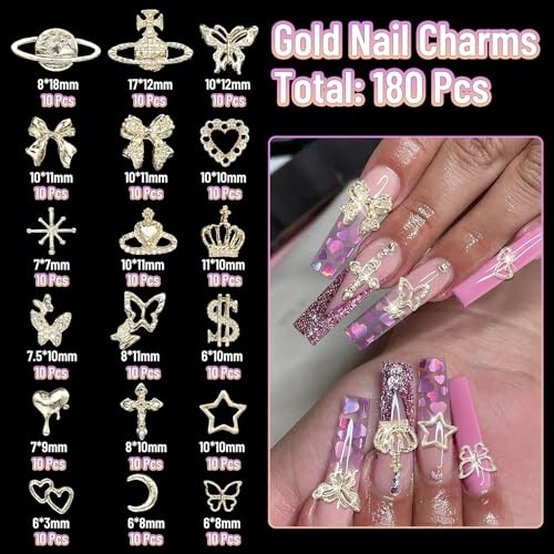 180 Pcs Gold Nail Charms and Gems, Bow Star Butterfly Cross Alloy Nail