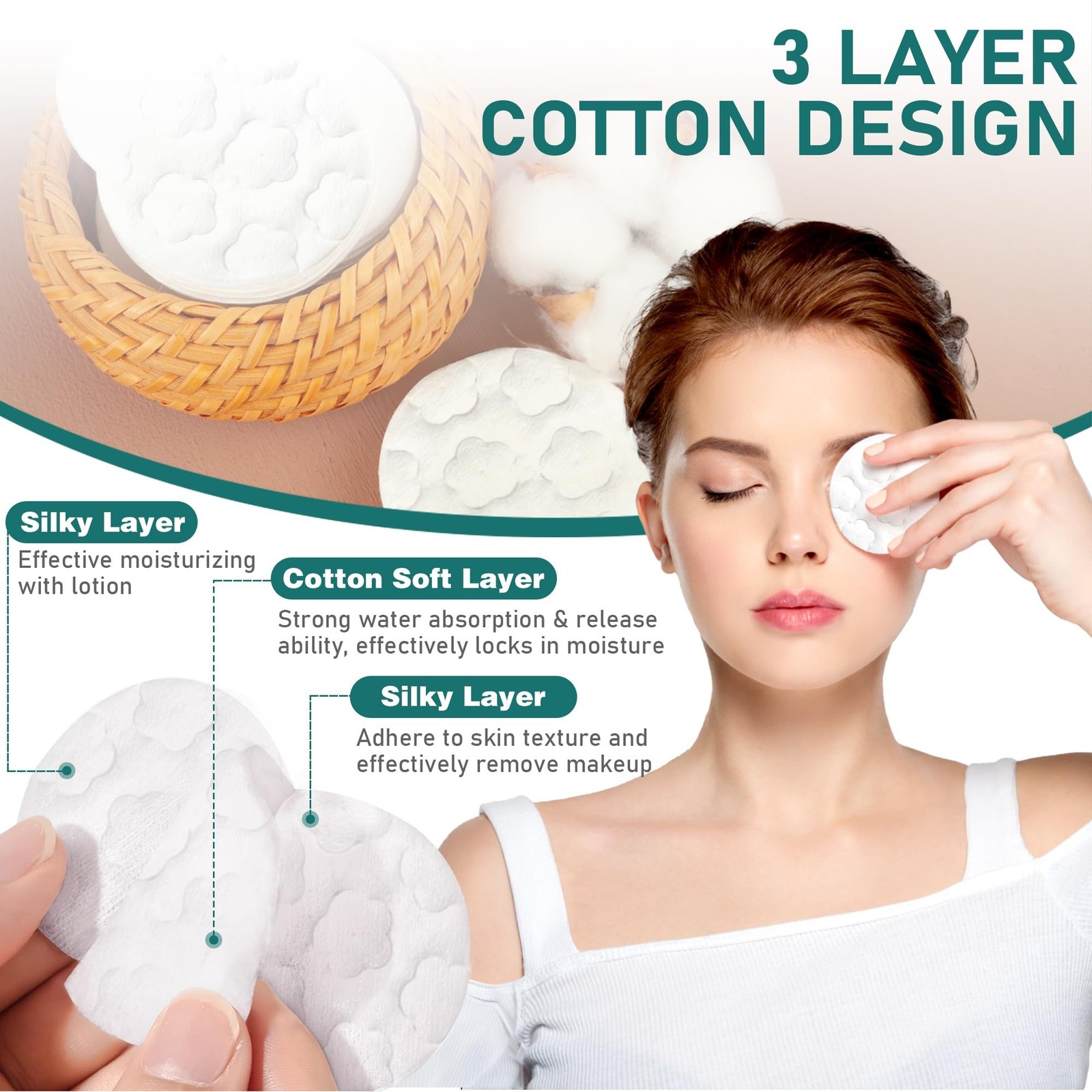 Premium Cotton Rounds for Face, 300 Count Makeup Remover Pads,100% Pure & Nat…