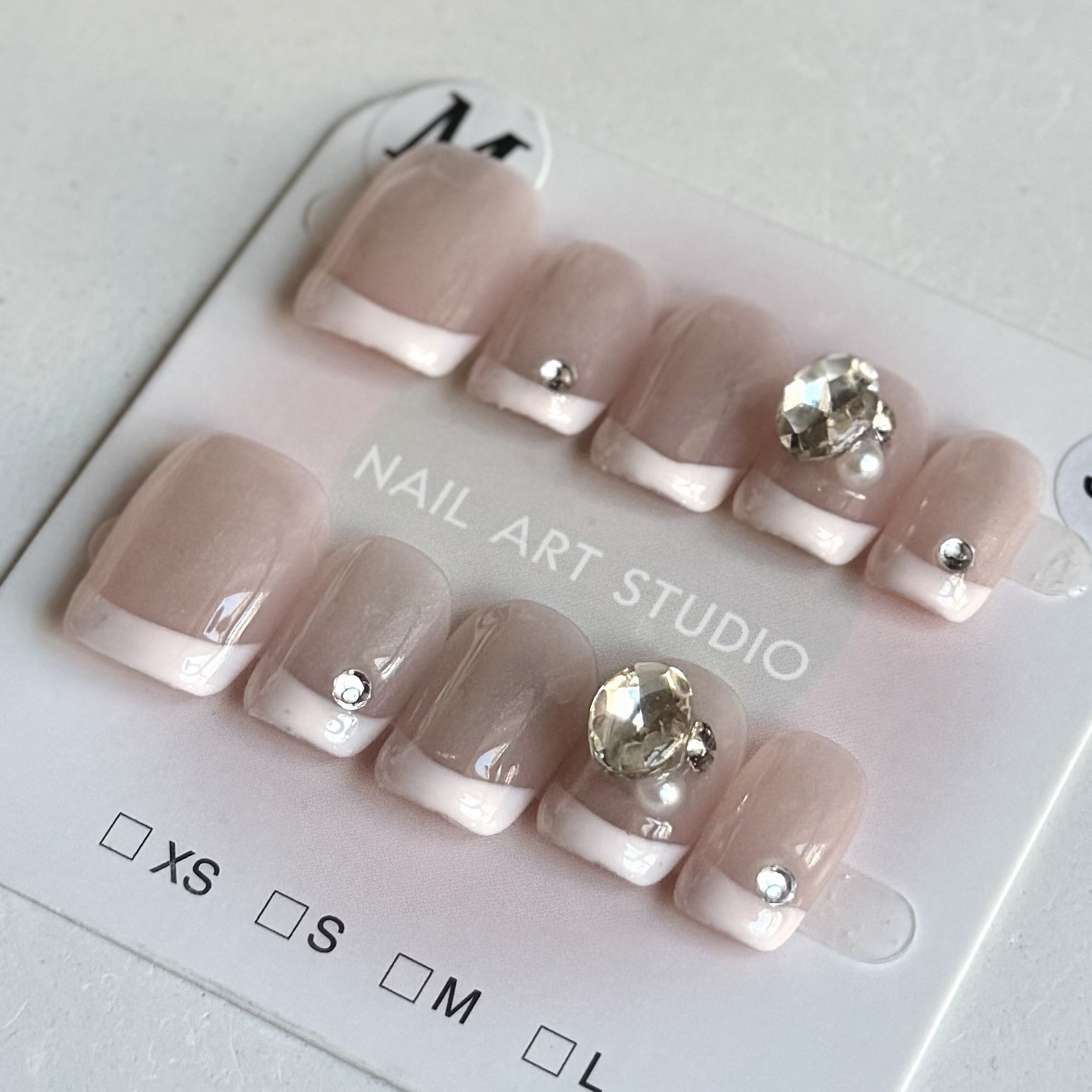 Handmade White French Tip Press-On Nails Short Square Size M Reusable Fake Nails