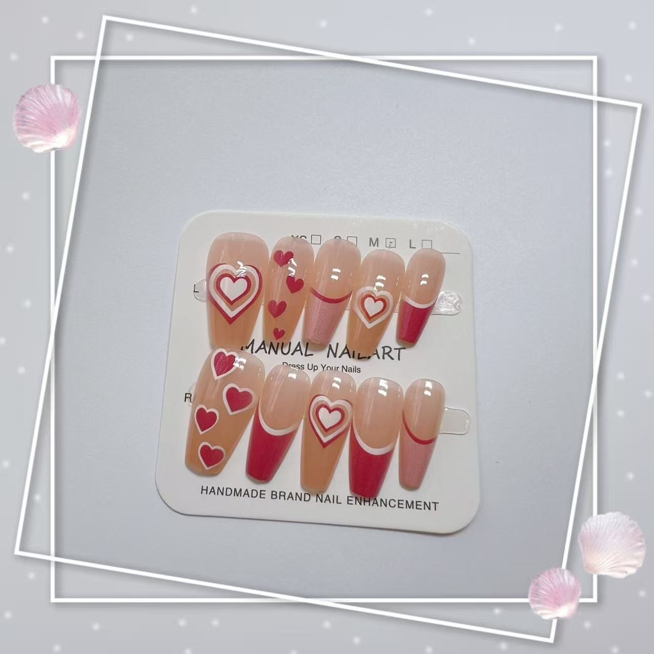 Pink Heart Press On Nails Long Coffin Fake Acrylic Nail Set 10pcs with Glue Kit