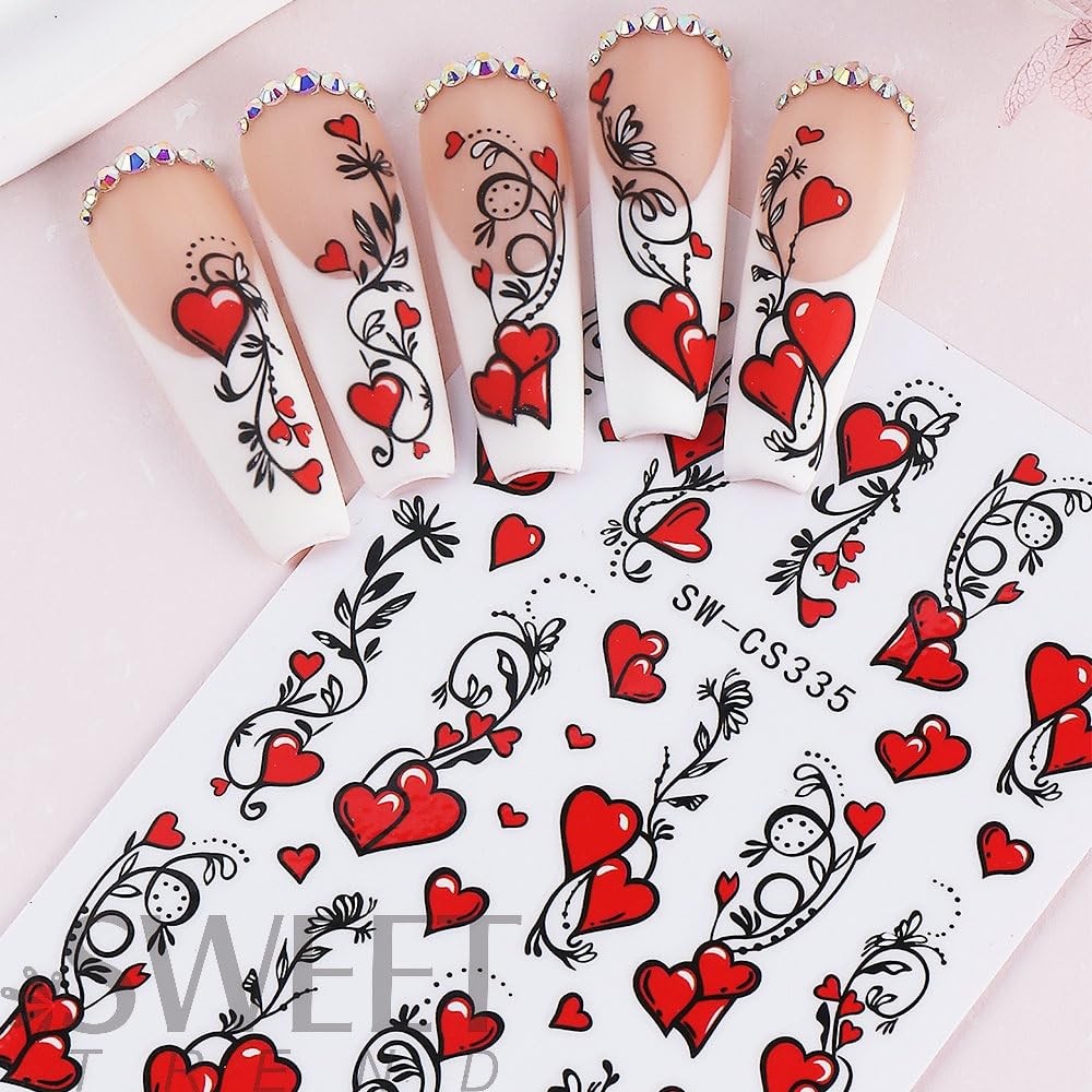 4 Sheets Valentine’s Day Nail Stickers Red Hearts Nail Decals Cute Yellow Lov…