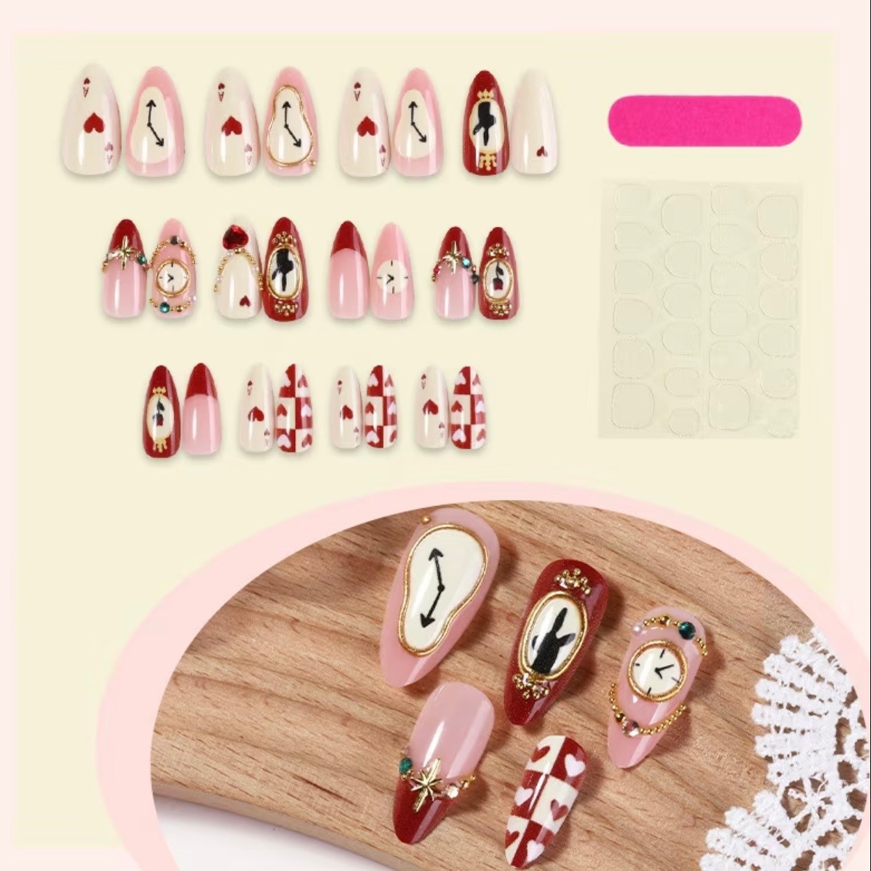 🕰️ 30 Pcs Alice Rabbit Clock 3D Gems Design Medium Length Almond Glossy Press o