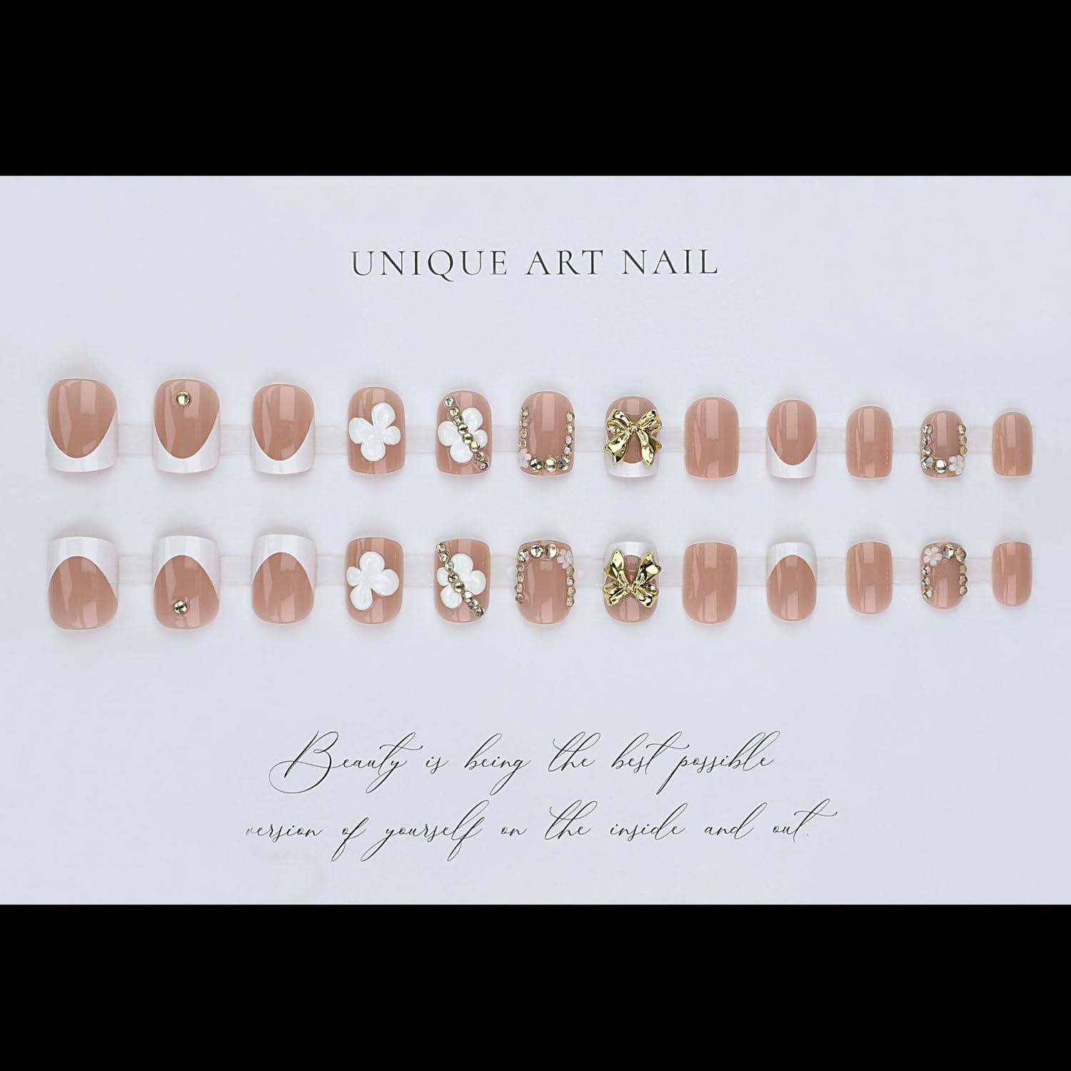 French Tip Press On Nails Short Square – Nude Pink Fake Nails with Gold Bow &…
