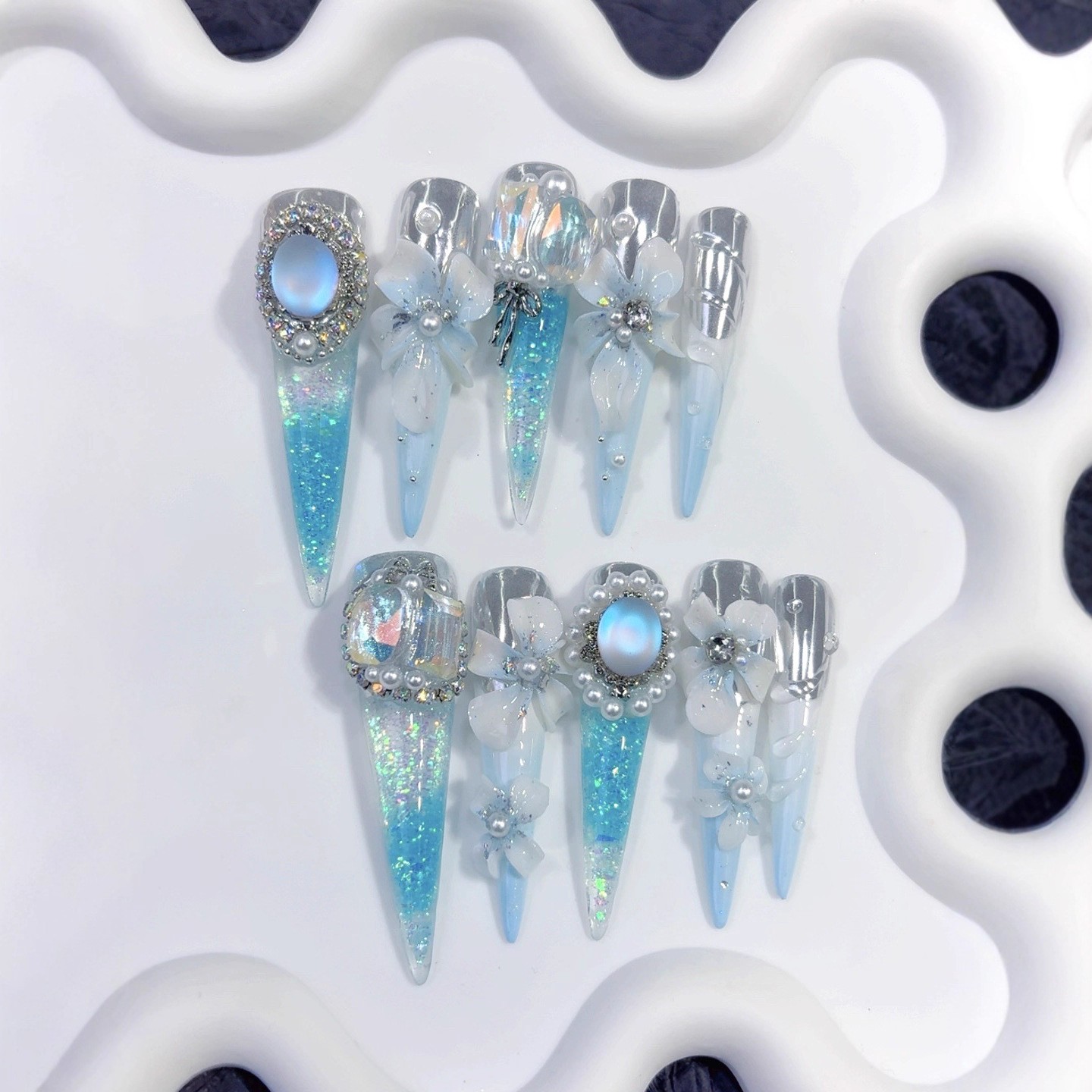 10Pcs Liquid Sand 3D Carved Long Stiletto Press On Nails Waterproof Party Nails