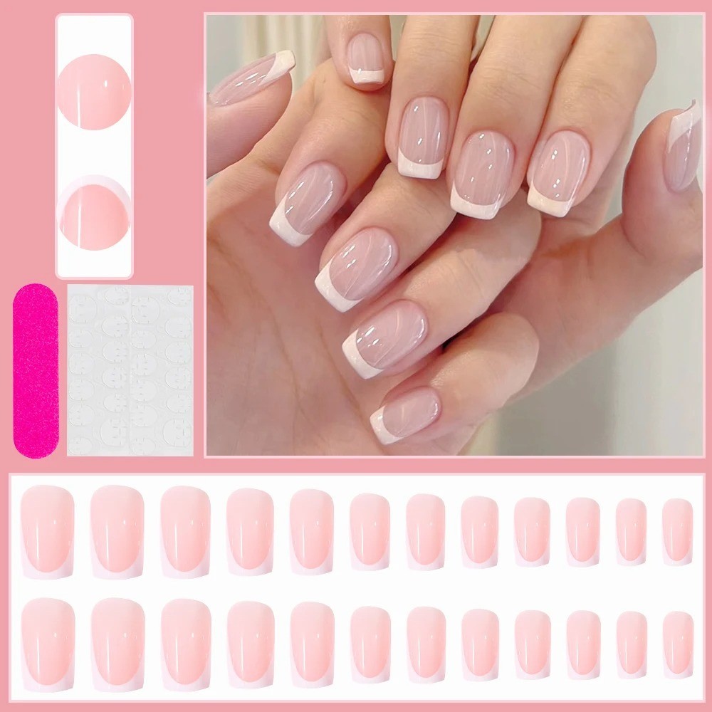 24PCS White French Press On Nails 3D Bow Design Short Square False Nails Set