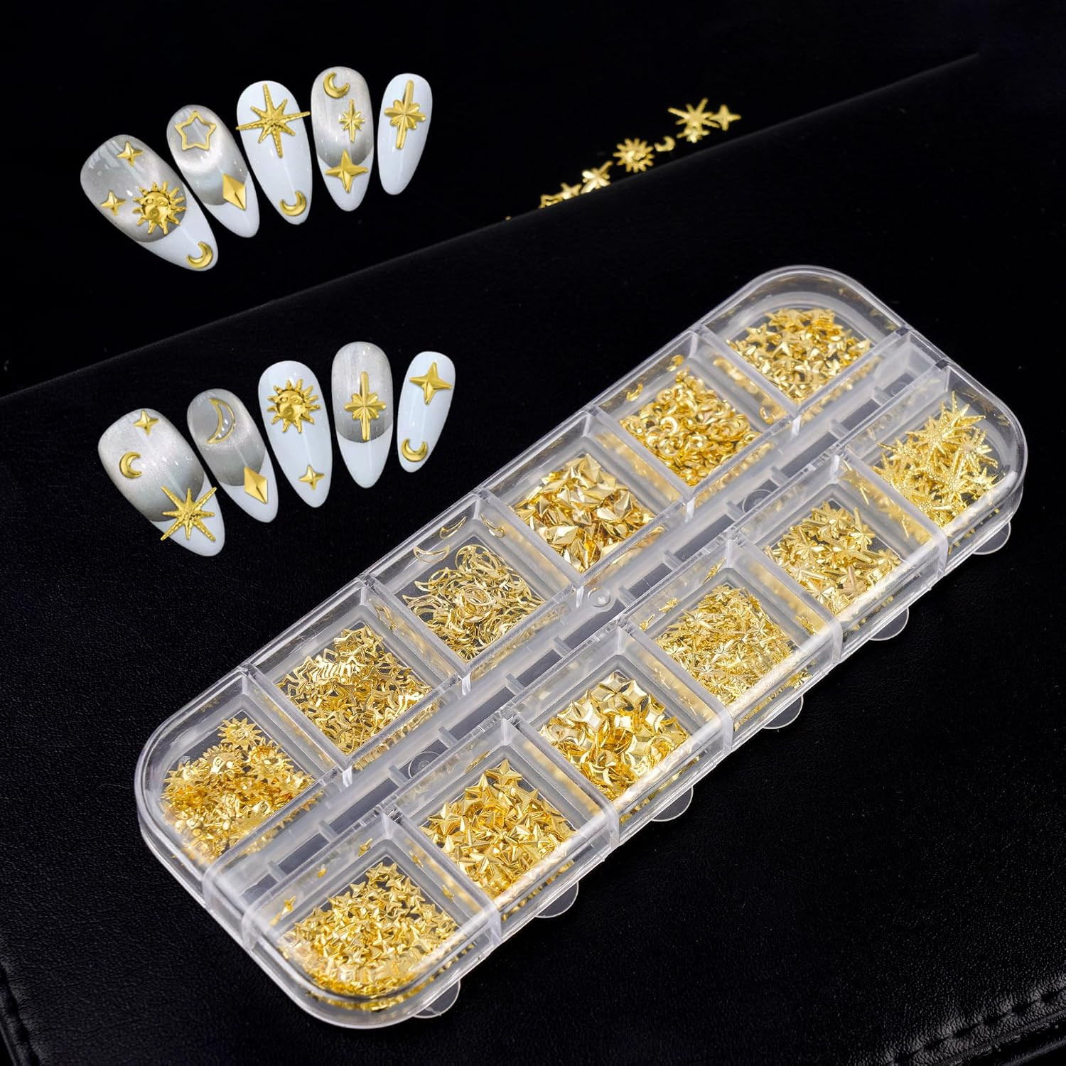 3D Star Nail Charms, Sun Moon Stars Metal Nail Charms for Nails Art Design, 12 S