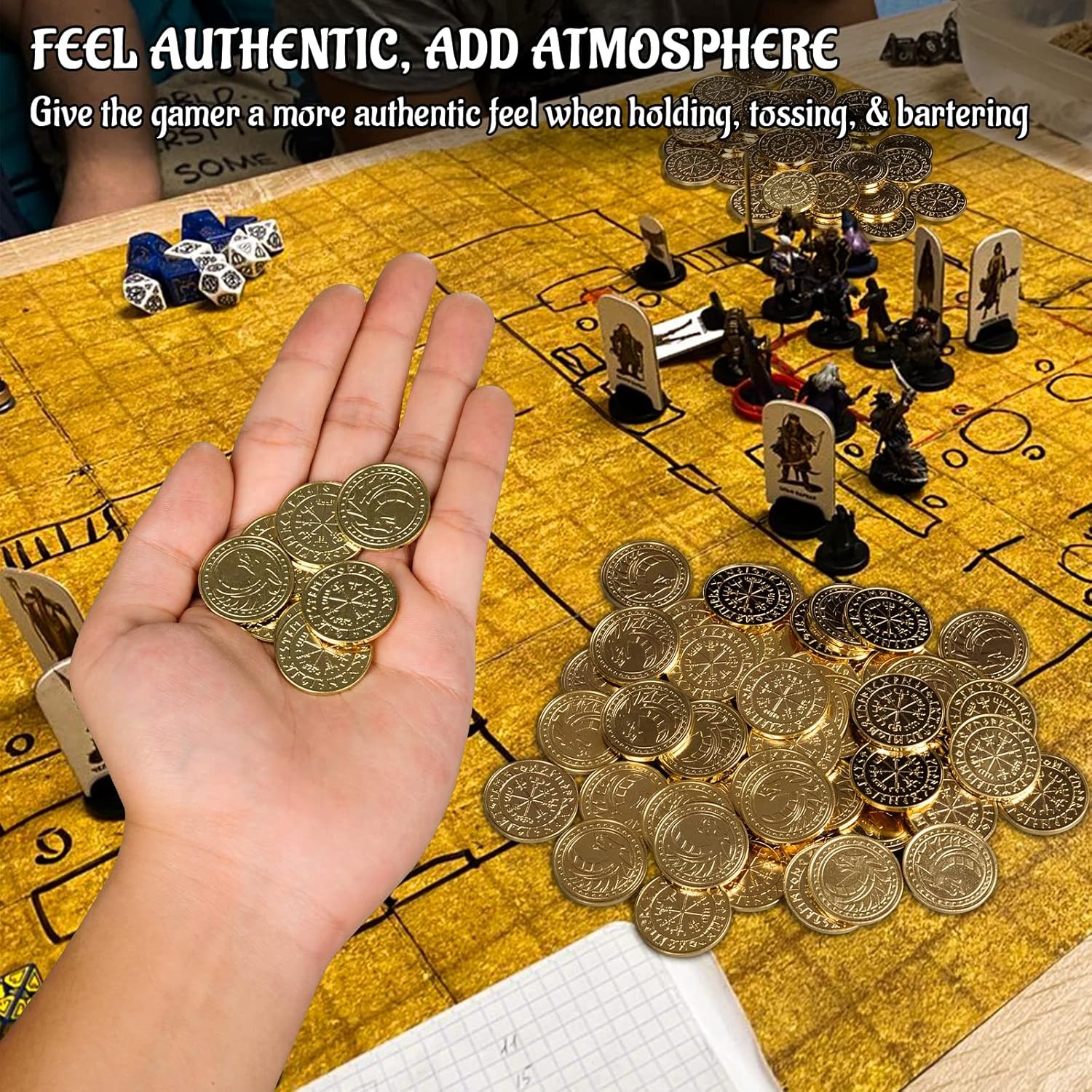 DND Fantasy Coins 50 Antique Gold Metal Treasure Tokens with Leather Pouch -…