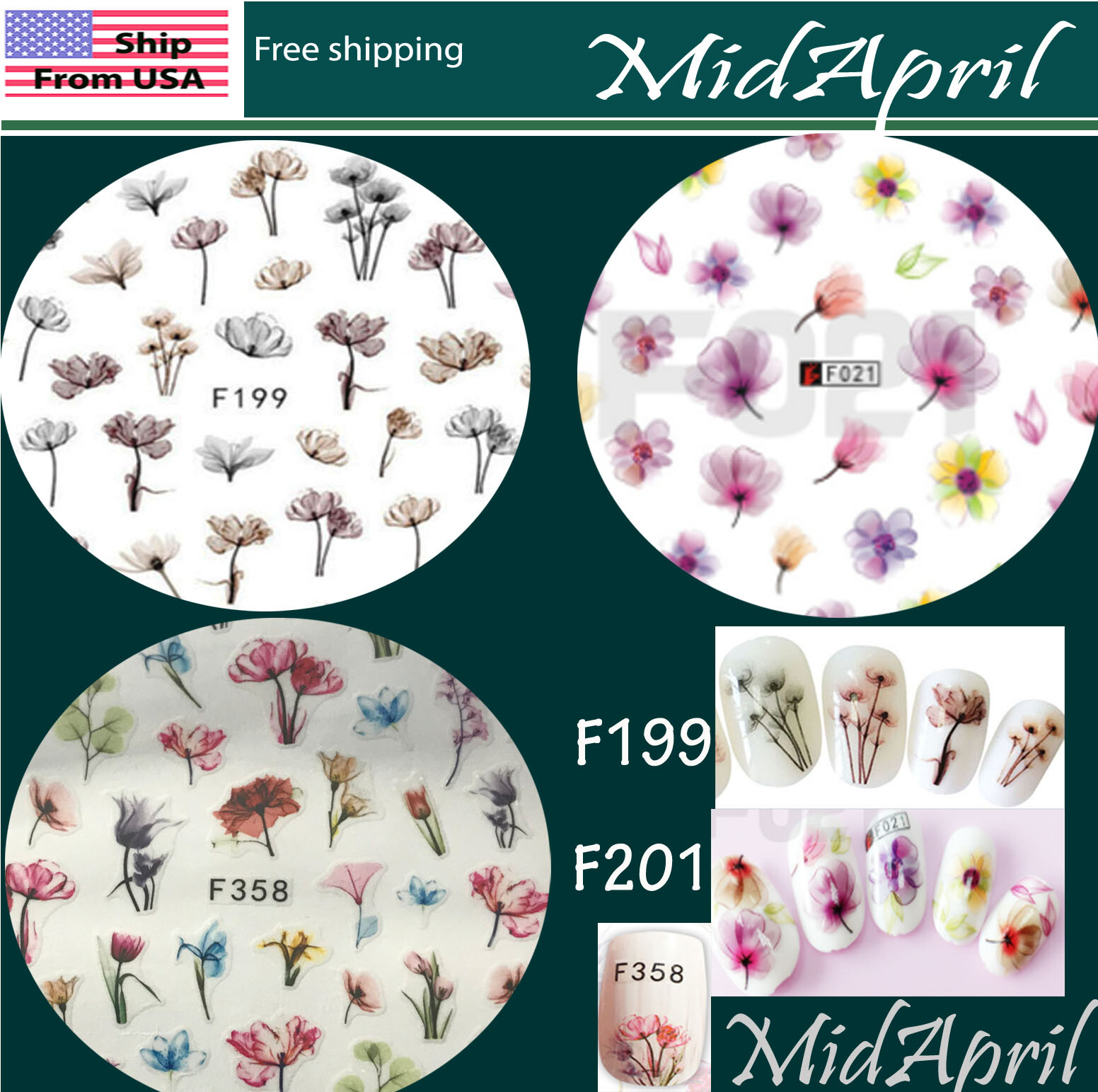 Flower 3D Nail Stickers Nail Art Adhesive Transfer Sticker Decals Tips US seller