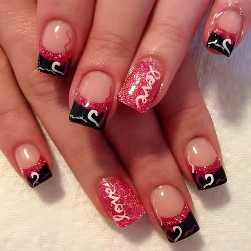 24 Pcs French Tip Press on Nails Short Square Heart Fake Nails with Glitter
