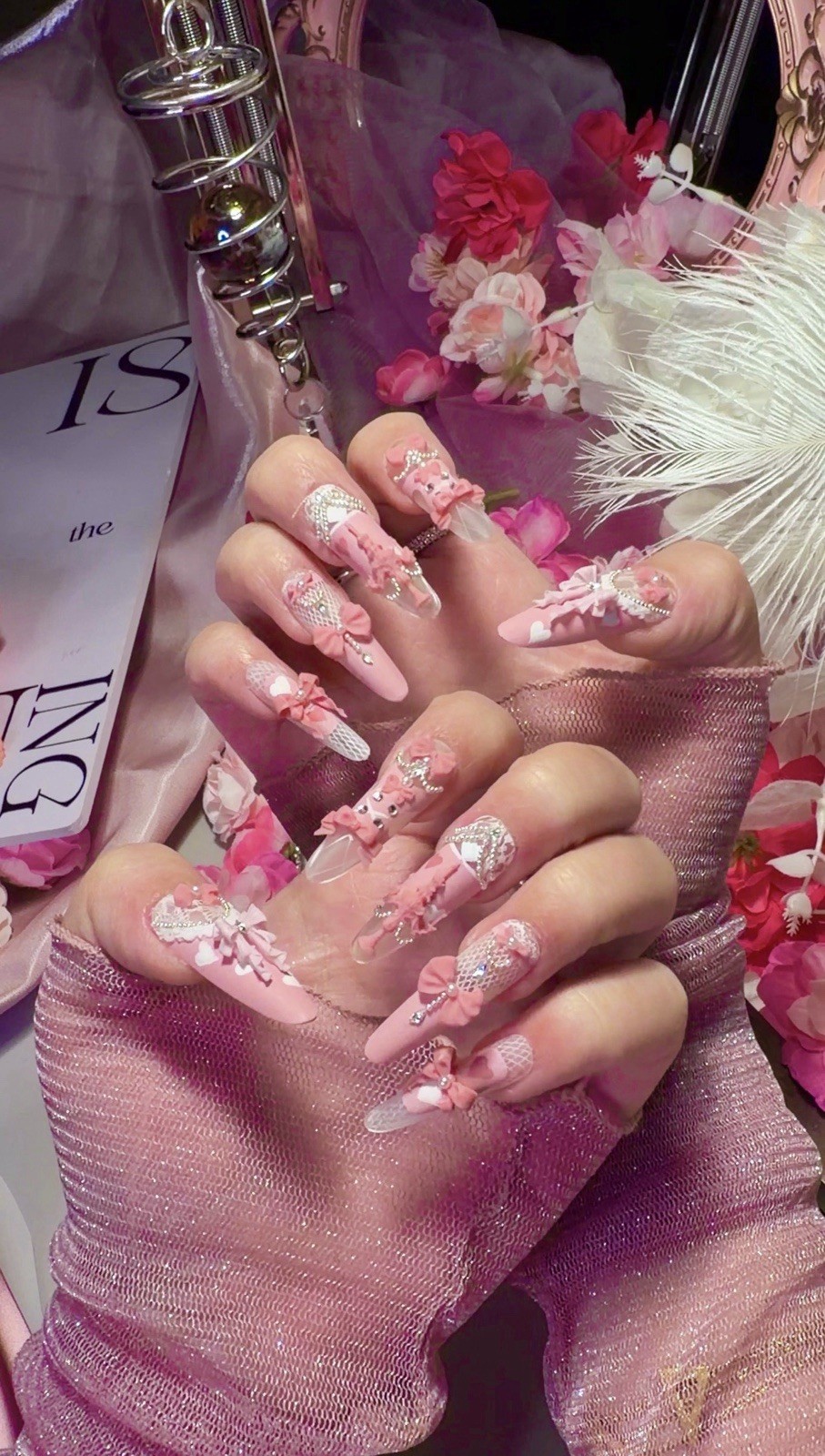 Pink Princess Bow Lace Flower Matte Finish Press On Nails Long Y05 With Pearl