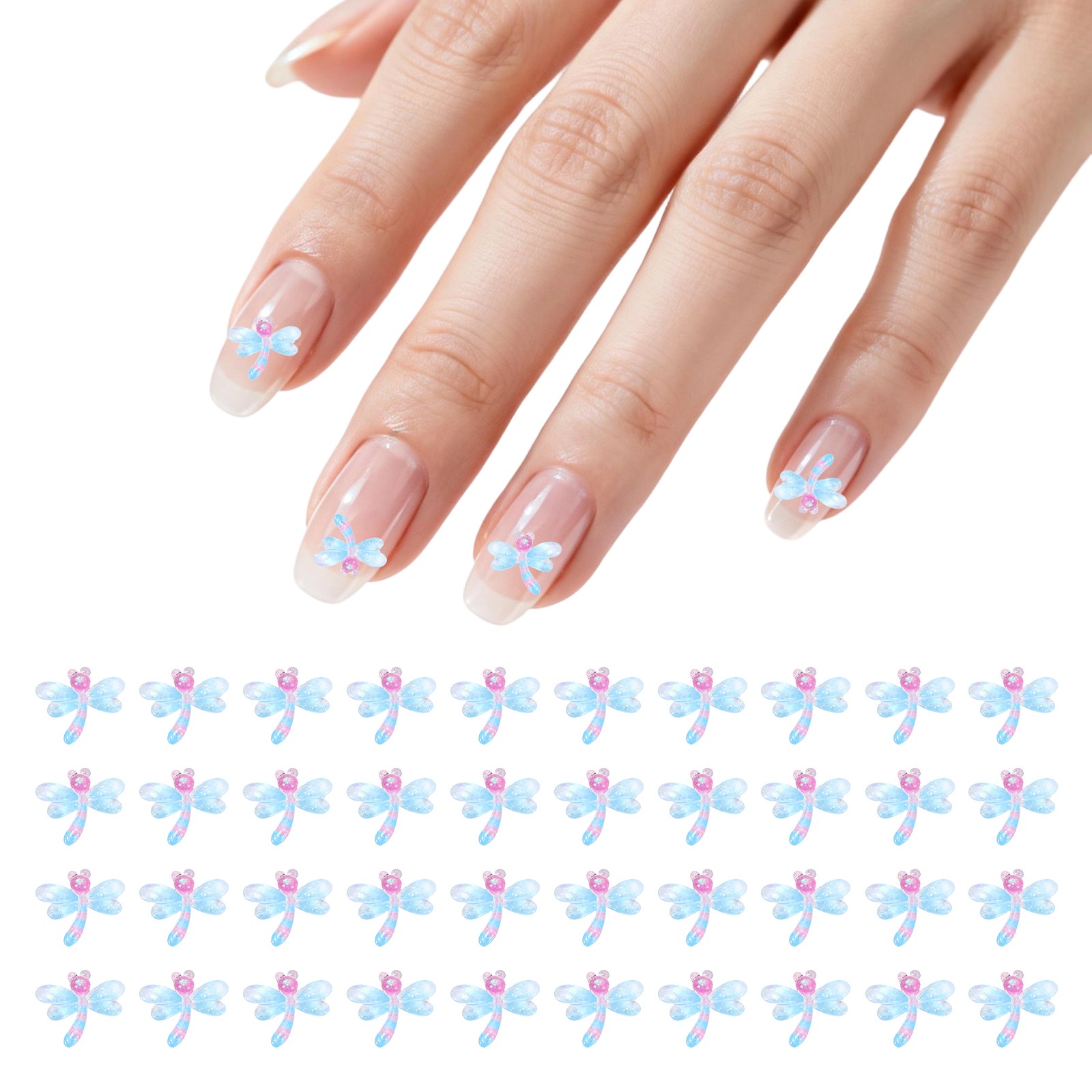 Resin Dragonfly, Mini Dragonfly 3D Flowers for Nails 50 Pcs & Light Blue/Pink