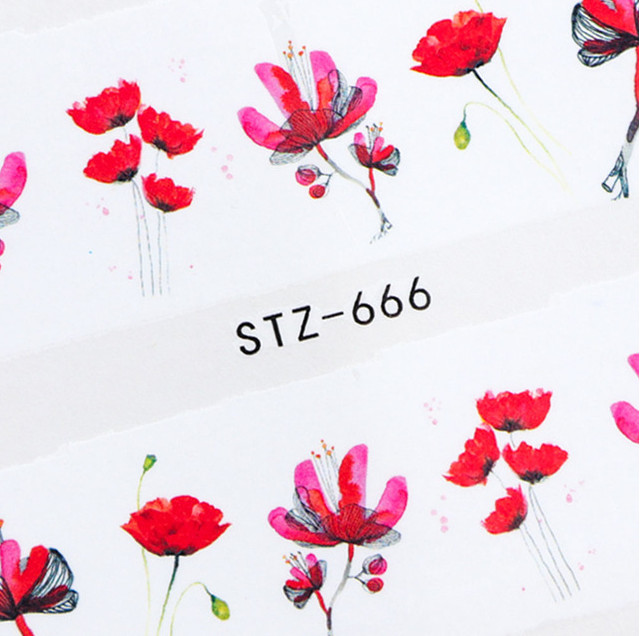 Water Nail Art Stickers Decal Red Blue Flowers Leaf Transfer Decorations NS26