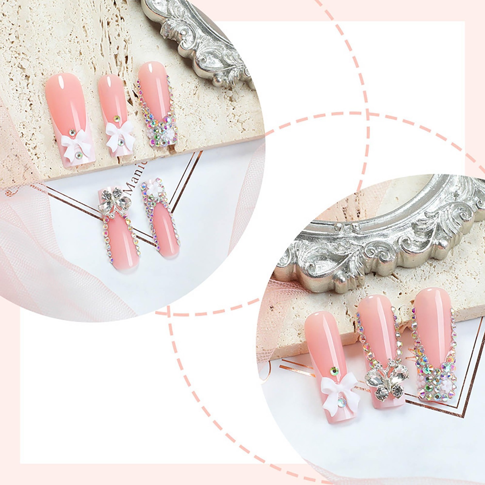 24Pcs Long Square XL Pink Full Cover Press On Nails White French Rhinestones