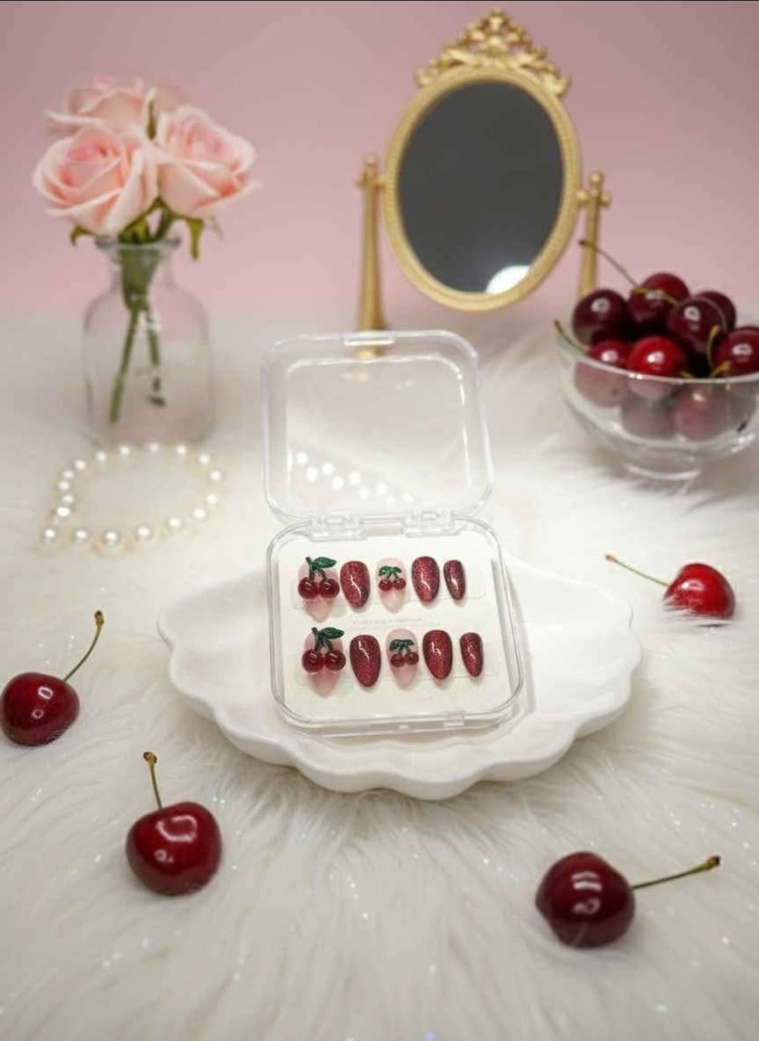 3D Cherry Press-On Nails Red Cateye Reusable Handcrafted Size: Small