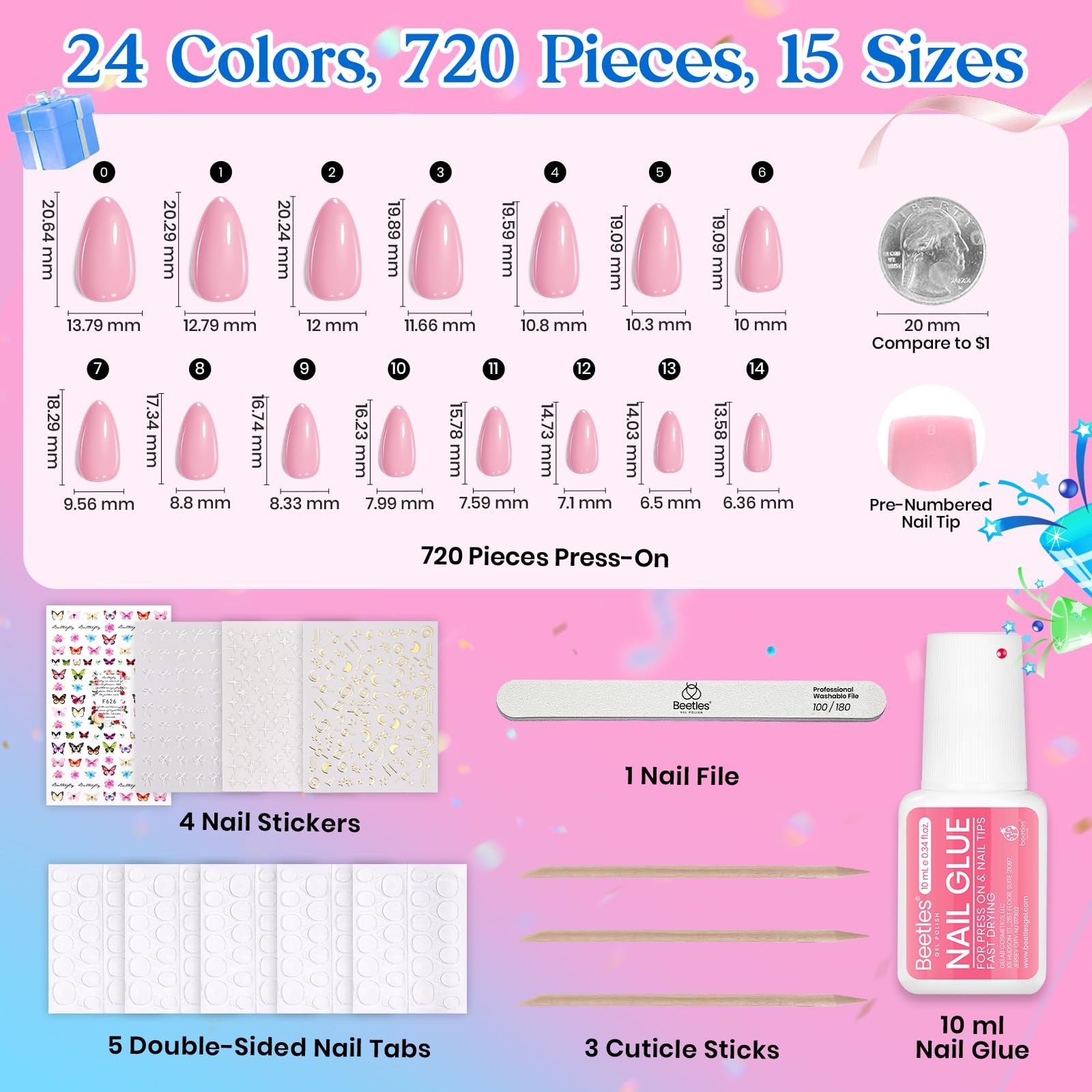 720Pcs Press on Nails Kit – 24 Colors Short Almond Glossy Matte Glitter, Nail Gl
