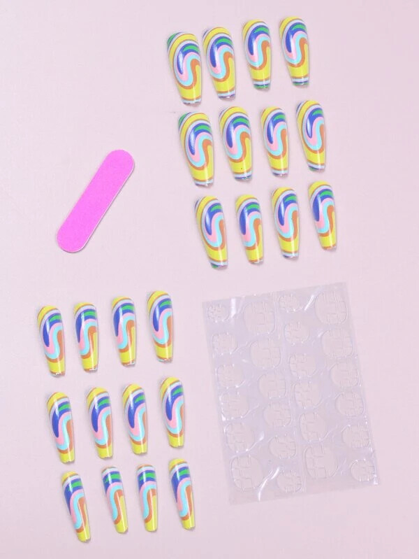 Beautiful Nails Shiny Rainbow Swirl Pink Blue Yellow Design glue on Extra Long