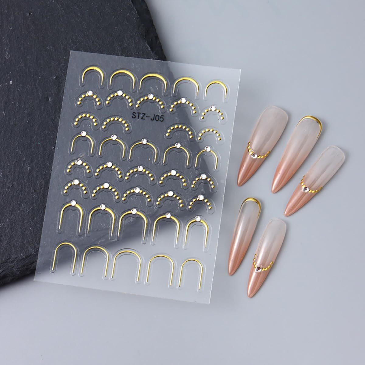 4 Sheets French Tip Nail Stickers 3D Self-Adhesive Gold Sliver Lines Nail Art
