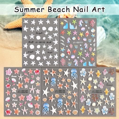 Ocean Life 5D Embossed Nail Art Stickers Decals, 5 Sheets Summer Ocean Life
