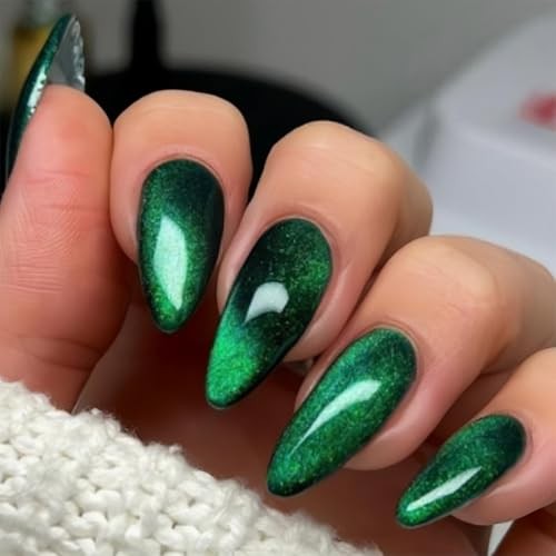 Green Glitter Press on Nails Medium Almond Fake Nails with Solid Color green