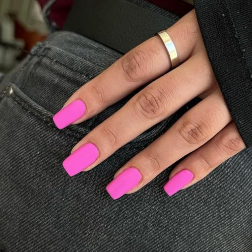 Matte Hot Pink Press on Nails Short Medium Square Glue on square mat hot pink