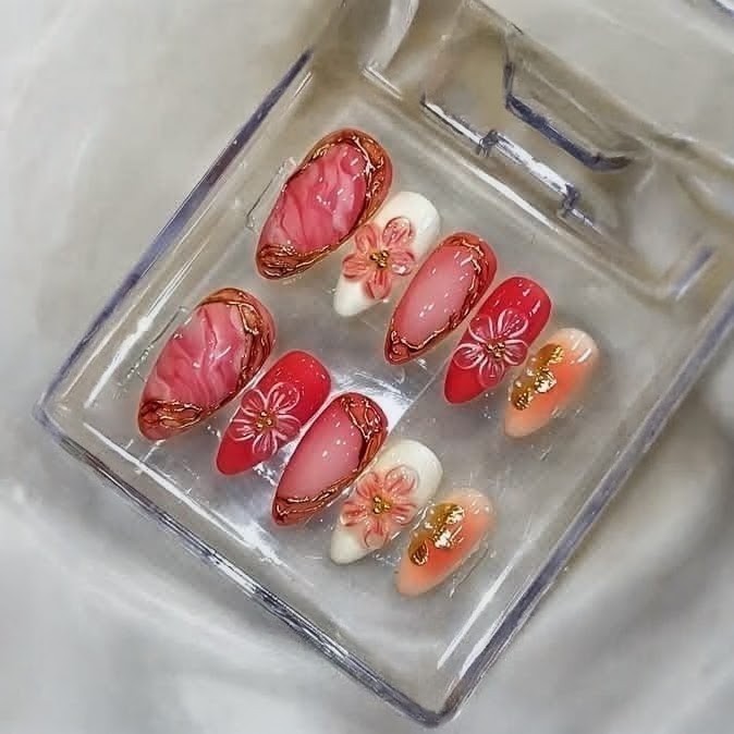 Press-On Nails Coffin Long Acrylic Pink White Orange Floral Glitter Pre-Designed