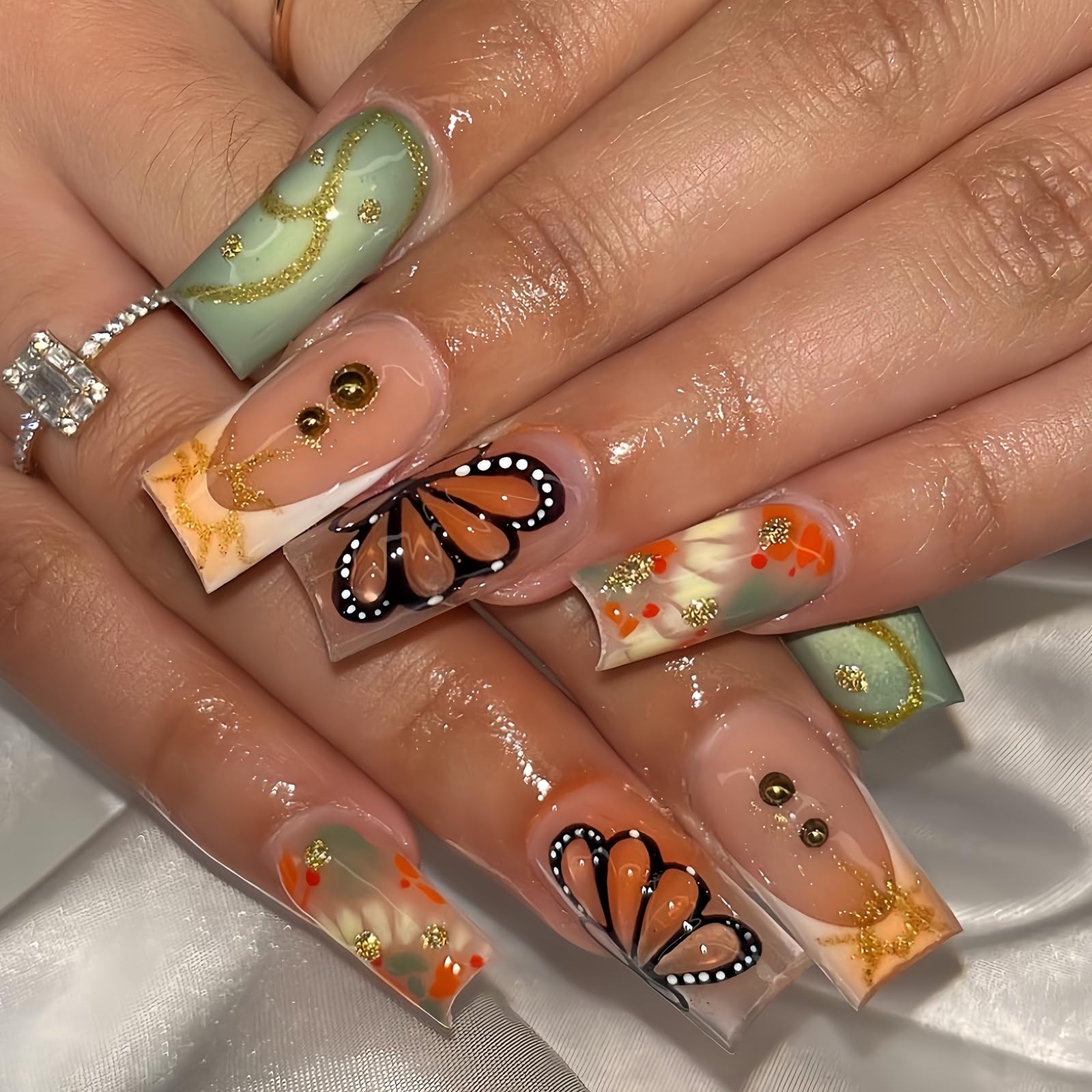 Handmade Press on Nails with Designs, 24PCS Medium Square Fake Nails 3D Butte…