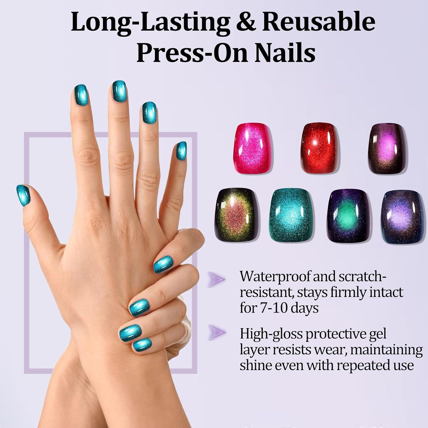 210Pcs Cat Eye Press on Nails for Women 7 Colors Glossy Glitter Black Hole Short